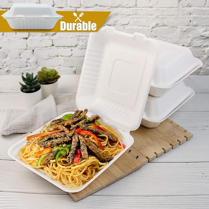 Green Earth 8-Inch, 200-Count, 1-Compartment, Compostable Clamshell, Natural Bagasse (Sugarcane Fiber), Take-Out/to-Go Boxes - Microwave-Safe