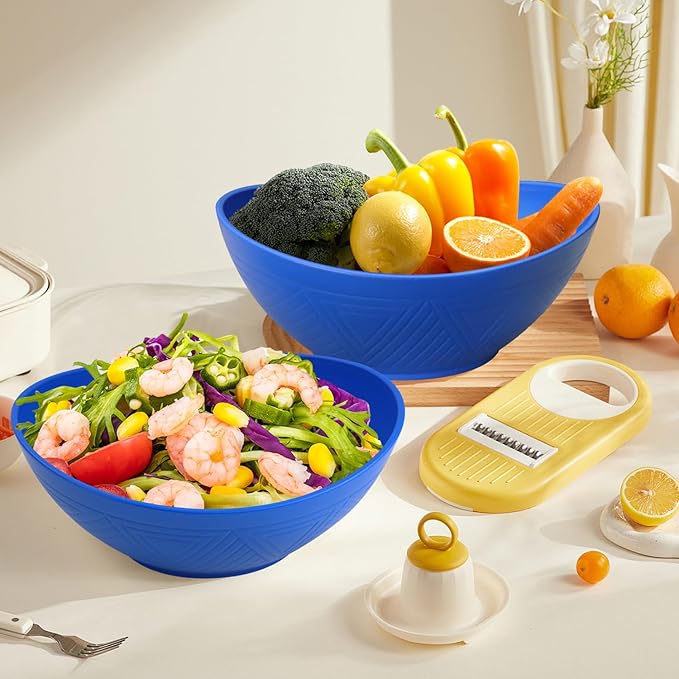 Homienly Salad Bowls 60 OZ Large Serving Bowls Wheat Straw Bowls Set of 2 Unbrekable Bowls for Kitchen, Serving, Camping, Fruit, Ramen Microwave and Dishwasher Safe - Blue
