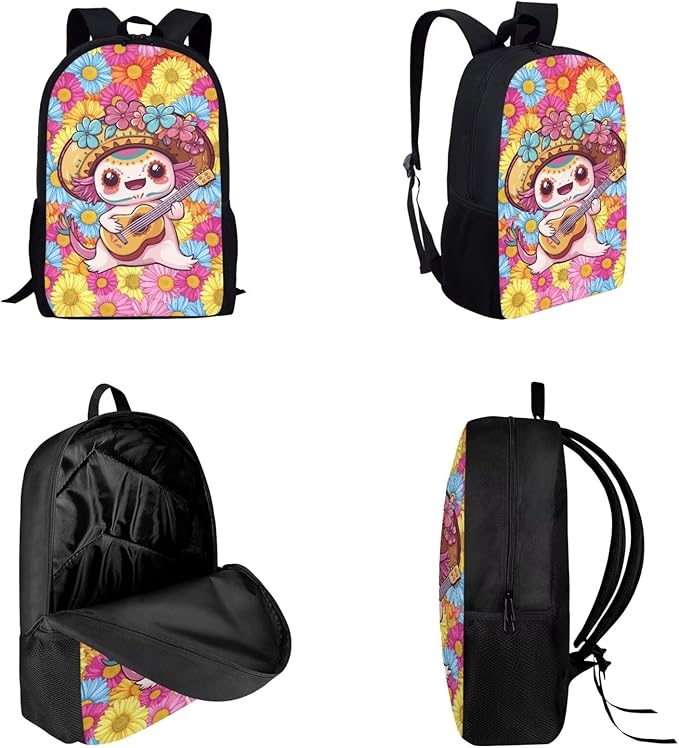Dolyues Colorful Flower Axolotl Girls' Cute Backpack Set with Insulated Lunch Box & Pencil Case - Perfect for Kindergarten, Elementary & Middle School