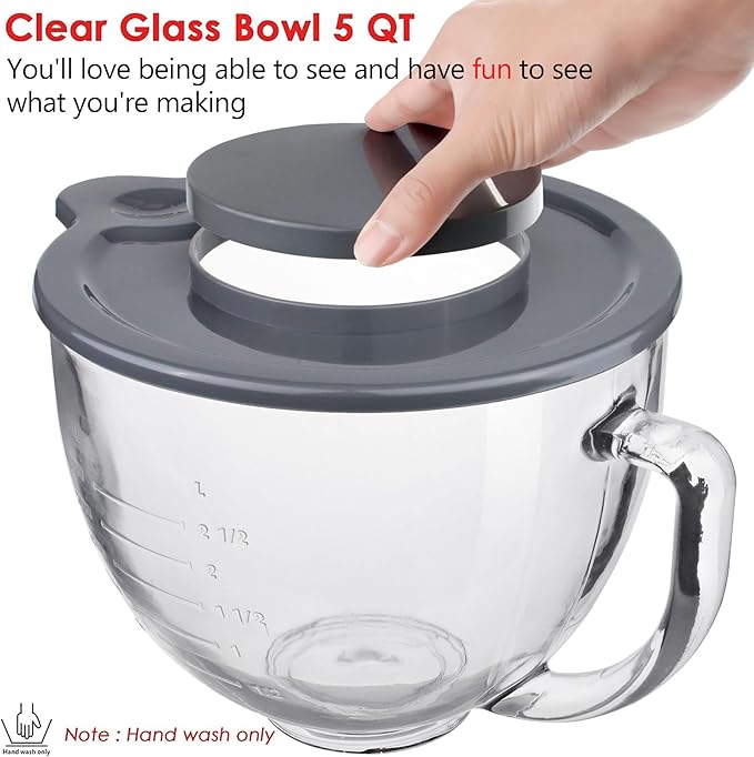 Glass Mixing Bowl Accessory 5 Quart - Compatible with KitchenAid 4.5 and 5 Quart Tilt-Head Stand Mixers (With Lid)