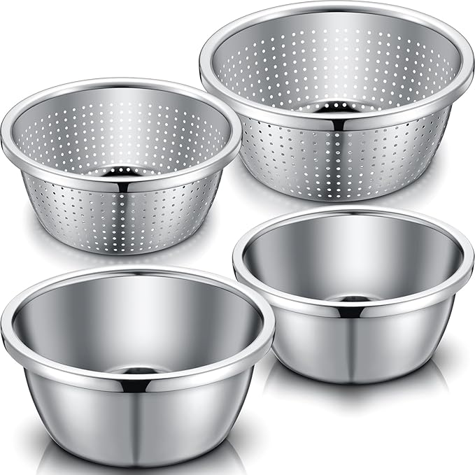Tioncy 4 Pcs 304 Stainless Steel Microporous Colander with Mixing Bowl 2 QT & 4 QT Rice Strainer Fruit and Vegetables Washer Strainer Bowl for Draining Cooked Pasta, 2 Sizes