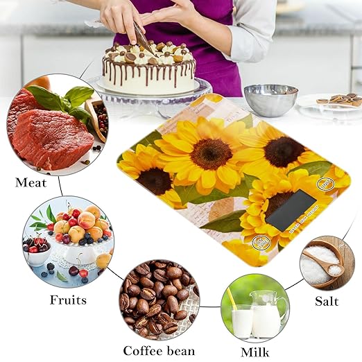 Food Scale Kitchen Digital Scale Food Ounces and Grams Dieting Baking Cooking Waterproof Glass Panels LCD Display,4 Units Scale Tare Function Sunflower