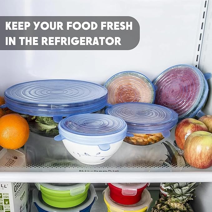 12 PCS Reusable Stretch Silicone Lids for Food Storage, Heat-Resistant Silicone Bowl Covers for Cup, Cans, Jars, Universal Food Grade Silicone Lid for Round Container (6 Different Sizes)