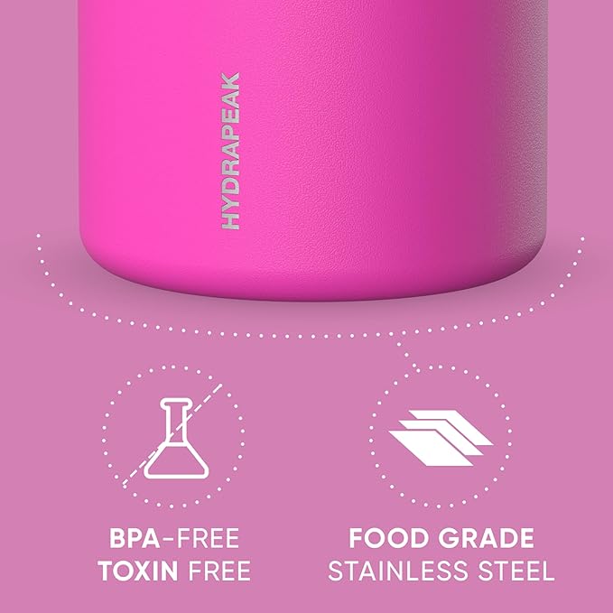 Hydrapeak 32oz Stainless Steel Vacuum Insulated Thermos Food Jar | Thermos for Hot Food and Cold Food, Wide Mouth Leak-Proof Soup Thermos for Adults, 10 Hours Hot and 16 Hours Cold (Fuchsia)