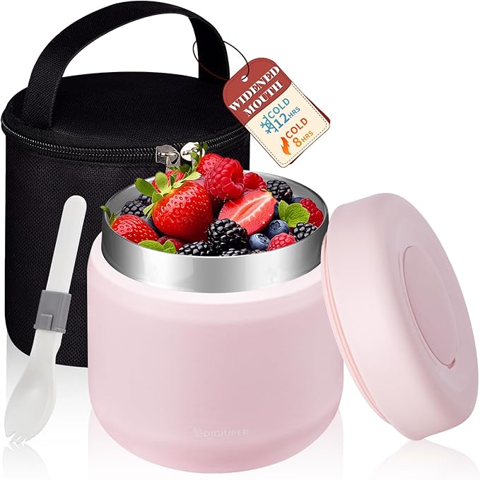 Insulated Food-Jar with Thermal Bag - 12 oz Wide Mouth Leak-Proof Stainless Steel Vacuum Soup Lunch Thermo Bowls w/Folding Spoon for Girl Kids, Hot Food Lunch Container for 8H Hot & 12H Cold