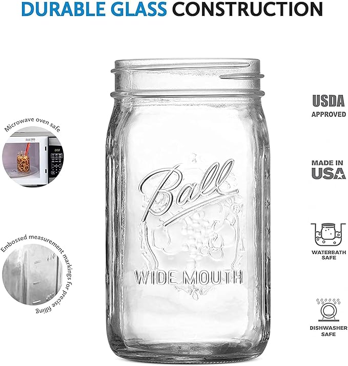 Ball Wide Mouth Glass Mason Jars with Lids and Bands, Used for Canning, Pickling, Juice, Jam, Jelly, Quart Size 32 Ounce (Pack of 6)