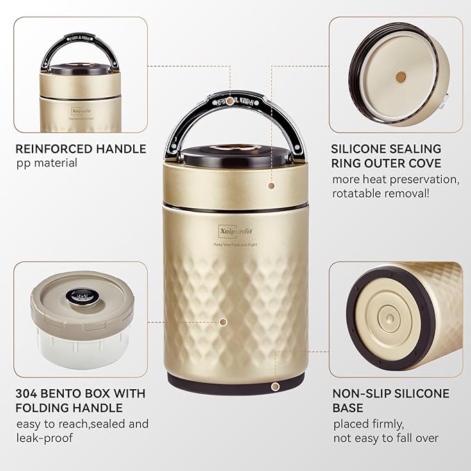 67 ozAdults Stainless Steel Vacuum Insulated Wide Mouth Soup Food Thermos Hot Food Jar with Keep Thermal Portable 3 Tier Stackable Bento Hot Food Containers Lunch Boxes (Gold)