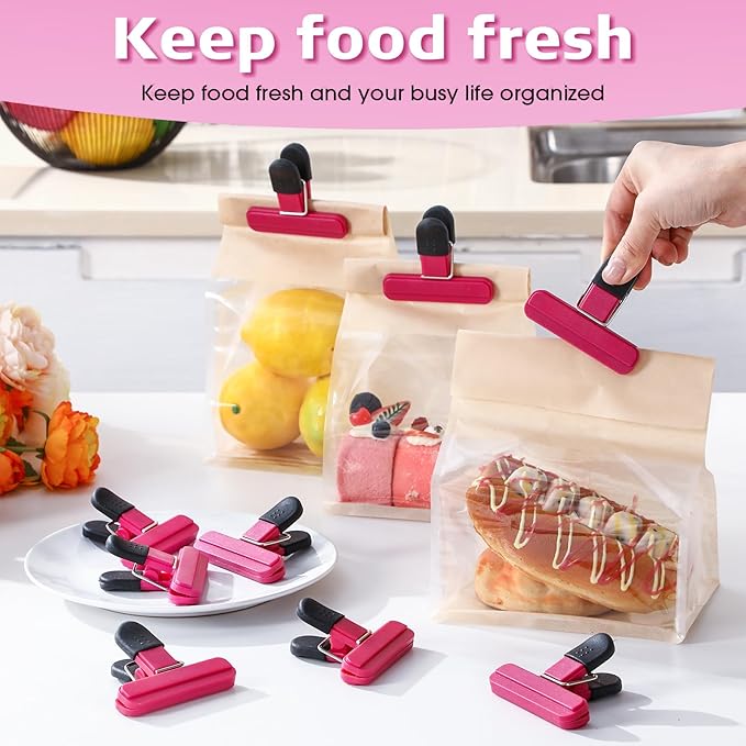20 Pcs Chip Bag Clips Plastic Heavy Duty Clips Food Bag Clips Heavy Seal Grip for Food Storage Snack, 3.07 x 2.56 x 1.46 Inch(Rose Red)