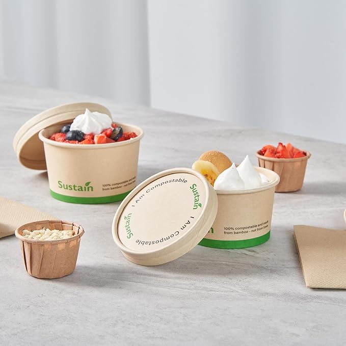 LIDS ONLY: Sustain Round Paper Soup Container Lids, 200 Disposable Ice Cream Cup Lids - Cups Sold Separately, For 3 And 4 Ounce Cups, Bamboo To Go Cup Lids, PLA lining, Compostable - Restaurantware