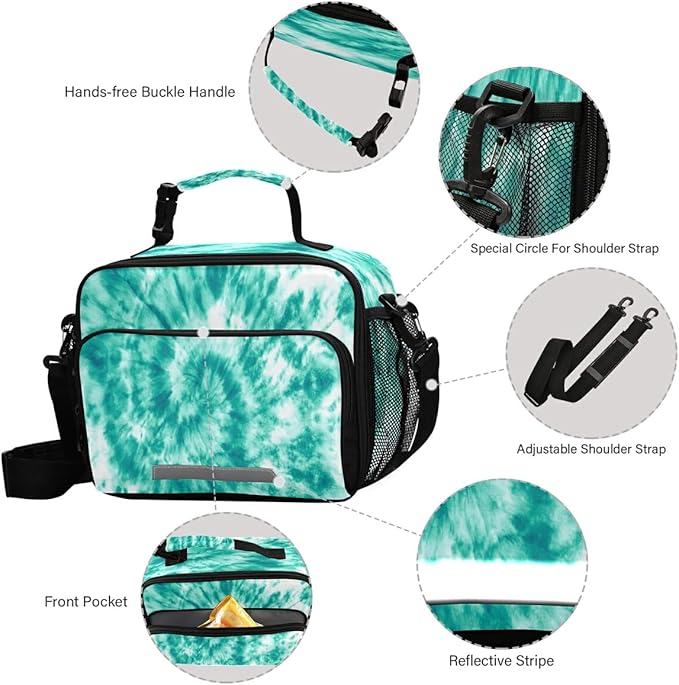 MNSRUU Lunch Bag Teal Turquoise Tie Dye Insulated Lunch Bag Women Lunch Totes Men Lunch Box with Adjustable Shoulder Strap Lunch Bag for Work Office School Picnic