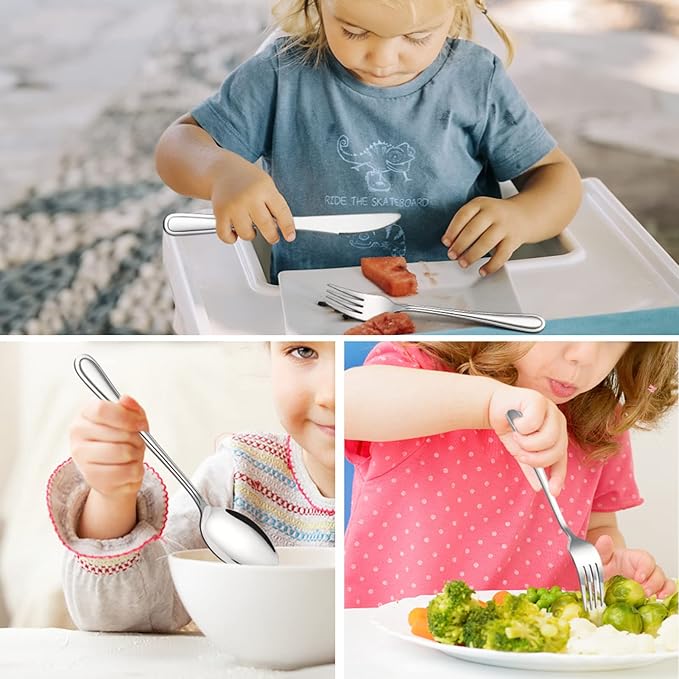 TeamFar Toddler Utensils, 12 PCS Stainless Steel Toddler Silverware Small Kids Cutlery Set for Home School Travel Use, with Line Patterned Edge, Child Safe & Non Toxic, Dishwasher Safe