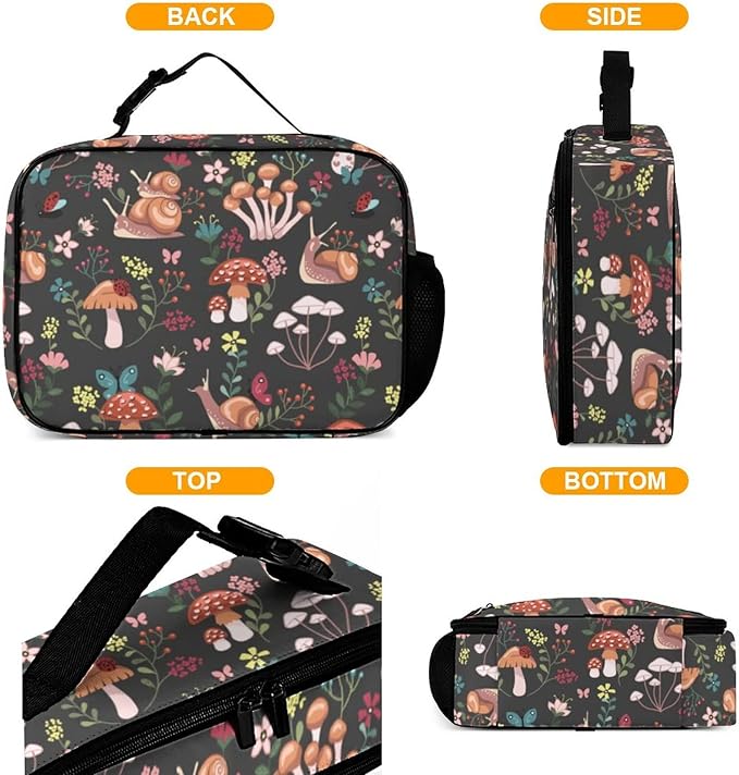 Mushrooms Snails Butterflies Reusable Lunch Box Insulated Lunch Bag Cooler Bag Lunchbox Meal Food Container Tote Bag for Women Kids Girls School Camping Hiking Picnic Beach Travel