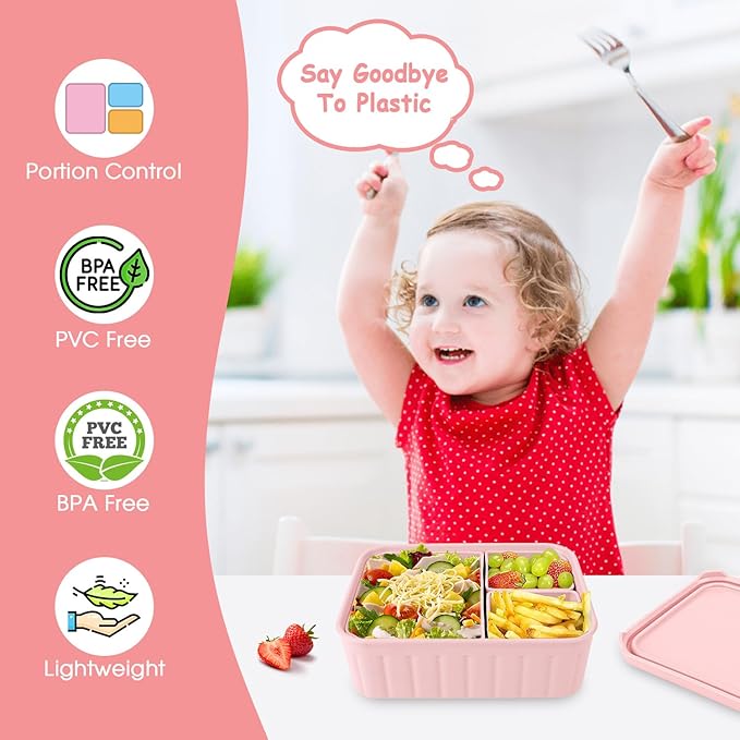 Bento Lunch Box for Kids-Reusable Silicone Kids Bento Box Lunch Container Leakproof Lunchbox Meal Prep Food Storage Containers with 3 Removable Compartments–Dishwasher Safe/BPA Free/Portion Control