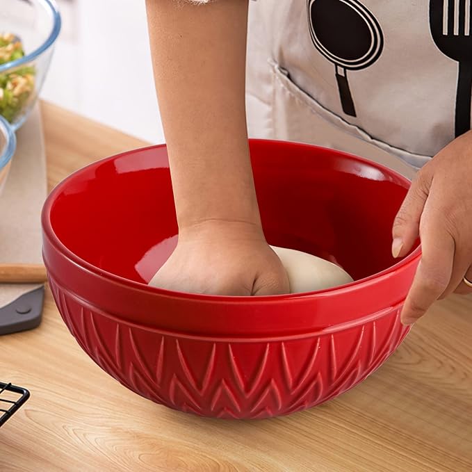 AVLA Porcelain Mixing Bowls for Kitchen, 3/1.8/1.2 Qt Ceramic Large Serving Salad Soup Bowl Set, Deep Nesting Bowl for Space Saving, 3-Piece Set, Microwave and Dishwasher Safe, Red