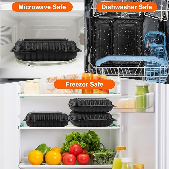 CYEAH 50 Pcs To Go Food Containers, 27 OZ Plastic Clamshell Food Containers, 9 x 6 Inch Black Take Out Food Containers, To Go Box Containers Takeout Food Trays for Meal Prep Takeout Leftovers