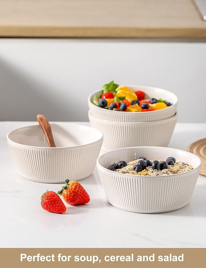 UBEE Ceramic Soup Bowls Set of 4, 6.3 inch Cereal Bowls, Microwave Safe Serving Bowls for Oatmeal, Soup, Pasta, Ramen, Dessert, Fruit, For Breakfast, Lunch and Dinner, White