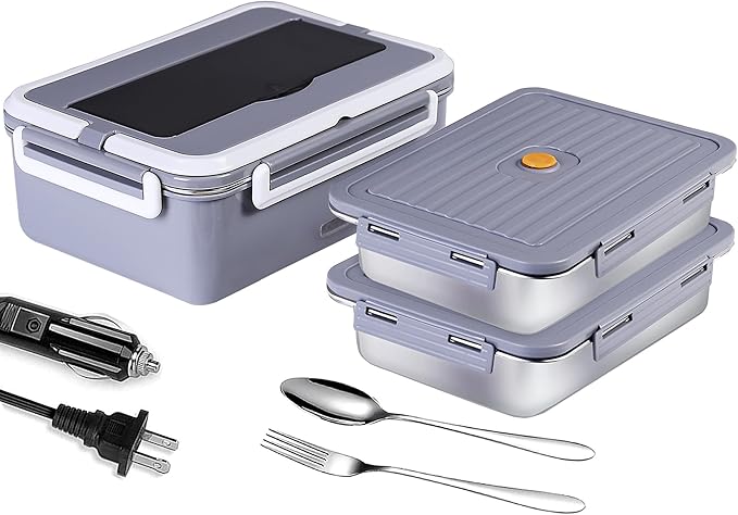 Electric Lunch Box, heated lunchbox for adults men 12V/24V/110V portable Food Warmer 80W self heating lunch boxes for Car Truck Work, heatable lunchbox with 2 Stainless Steel Containers 60-oz