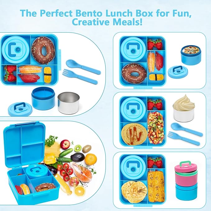 Bento Lunch Box for Kids with 8.5oz Soup Thermo, Kids Leakproof Lunch Food Containers with 4 Compartment, Blue Nylon Insulated Lunch Bag Adjustable Strap for Girl Teens School Travel Picnic