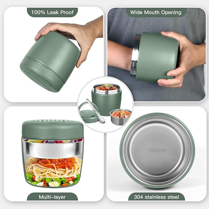 Thermo for Hot Food 32oz, Vacuum Insulated Food Jar for Adults, Stainless Steel Soup Thermo Wide Mouth Leakproof Lunch Containers with Spoon for School Office, Green