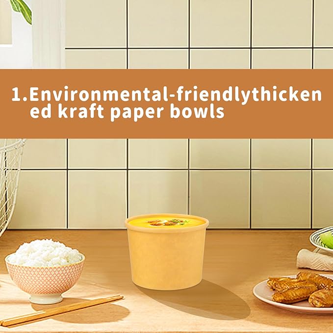 12 oz 75 Pack Paper Soup Containers with lids, Disposable Kraft Food Cups, Soup Cups Paper Ice Cream Cup, Dessert Cup, Yogurt Ice Cream Containers. Great For Restaurants, Take Outs, or To-Go Lunch