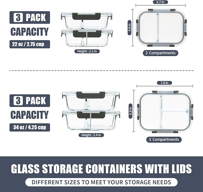 2 & 3 Compartment Glass Meal Prep Containers - Glass Food Storage Lunch Containers with Lids, Glass Bento Box, Portion Control, Freezer to Microwave Safe
