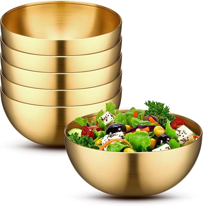 Nuogo 6 Pack Stainless Steel Gold Mixing Bowls Gold Esthetician Bowls for Wedding Party Facial Cereal Rice Noddle Snack Fruit Cereal Snack Appetizer Cooking Baking Serving(5.9 Inches)