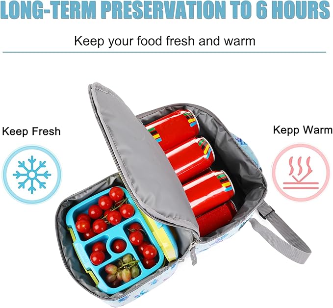 Tilami Lunch Bags Insulated Adjustable Strap Zipper, Water-Resistant Cooler Bags, Bento Bags for Kids Toddlers, Turtle Blue