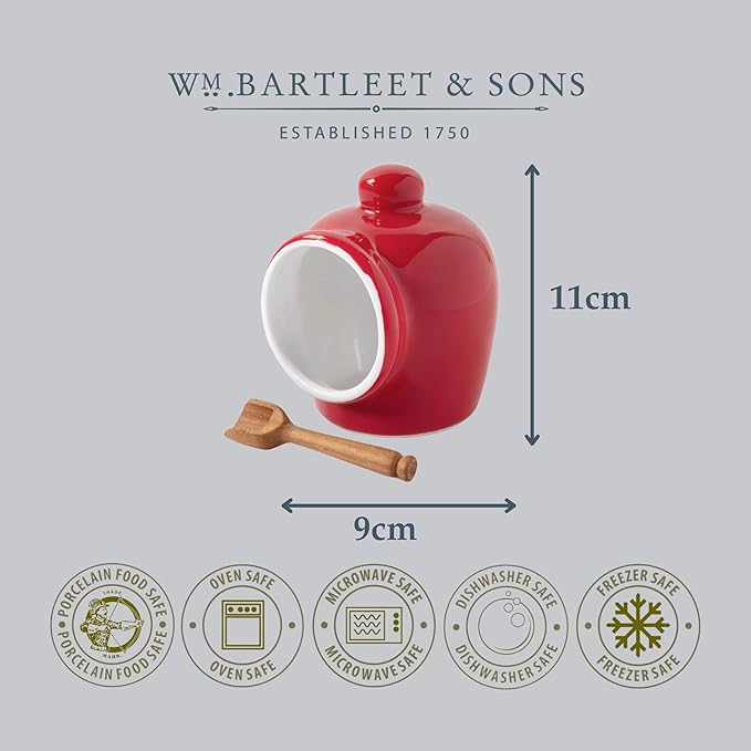 WM Bartleet & Sons 1750 T345R Traditional Porcelain Small Pig with Wooden Salt Serving Spoon-Red,9cm