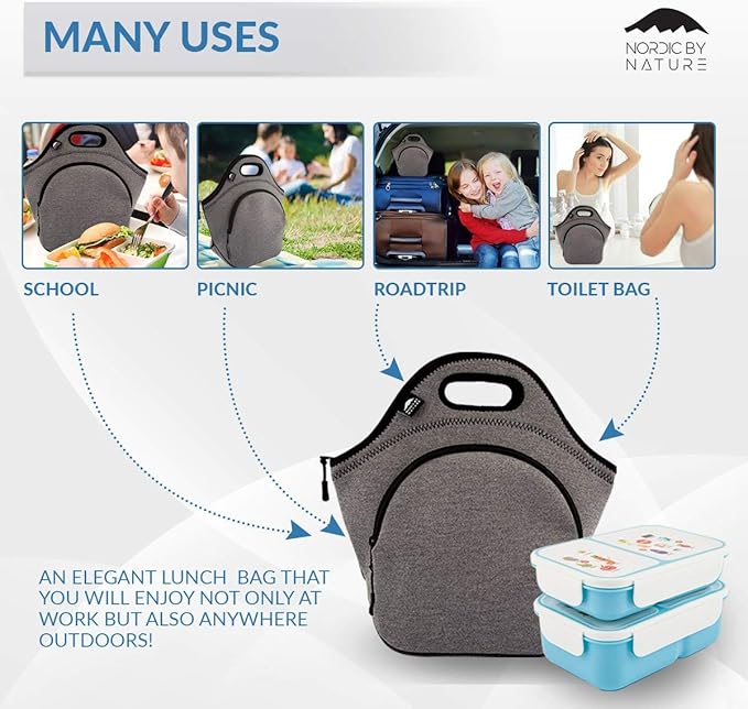 Nordic By Nature Large Neoprene Lunch Bag for Women & Lunch tote for Kids Insulated Lunch bag Reusable Washable Thick Neoprene & Soft Cotton Feel, Premium Stitching, Outside Pocket, (L) Grey/Black