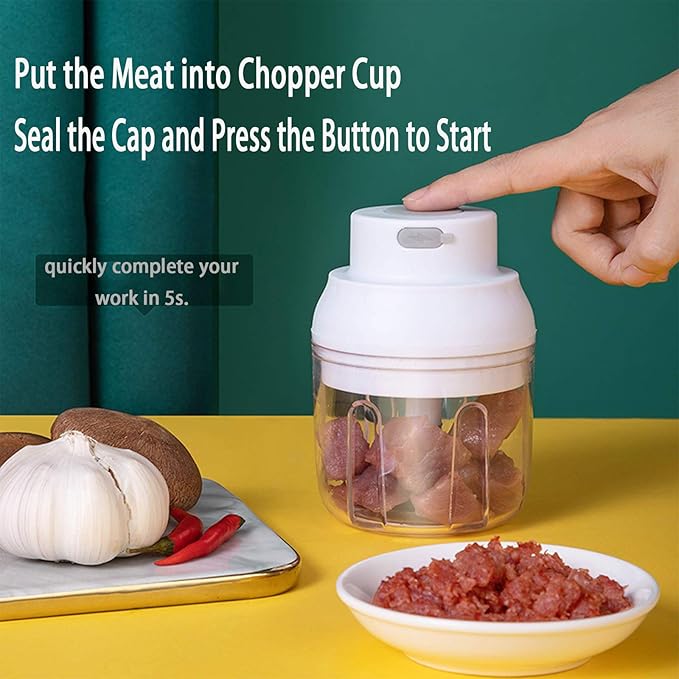 Electric Mini Food Chopper,250ML Portable Garlic Chopper with USB Charging Function, Mini Food Slicer for Onion Vegetables Chili Ginger Meat Nuts Fruits Salad (White)