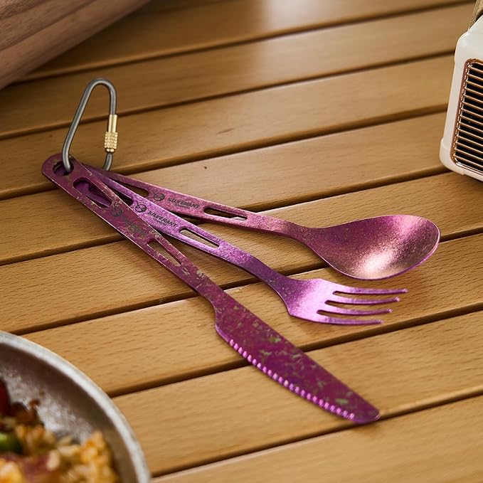 Titanium 3 Piece Cutlery Set, Extra Strong Ultra-Lightweight Durable Knife Fork & Spoon Tableware for Outdoor Camping & Hiking, Comes with Drawstring Bag & Titanium Carabiner-Purple