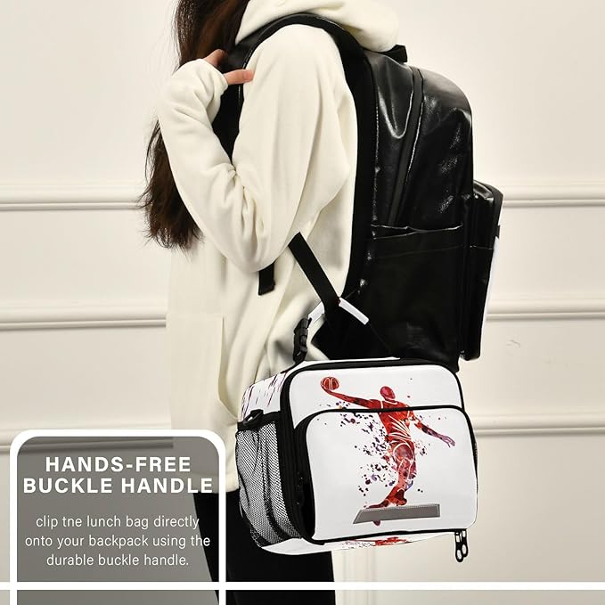 Pfrewn Red Basketball Player Painting Lunch Box for Kids School Students Insulated Lunch Bag with Shoulder Strap for Office Adults Reusable Cooler Bags Lunch Tote