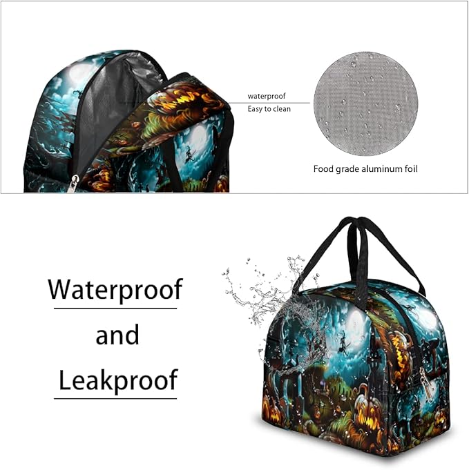Insulated Lunch Bag for Women Men Halloween Witch Castle Pumpkin Waterproof Thermal Tote Bag Reusable Lunch Box Container Lunch Holder Leakproof Lunch Cooler Bag Picnic Travel Work
