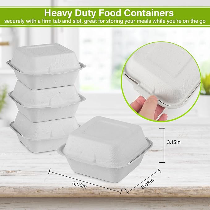 greensight To Go Containers Disposable 6X6, 100 Pack Clamshell Food Containers, Compostable To Go Boxes, Biodegradable Food Containers With White Bagasse