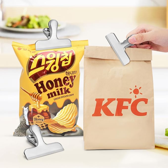 24 Pack Bag Chip Clips, 3 Inches Wide Heavy Duty Food Clip for Bags, Stainless Steel Grip Clips for Chips and Other Food Bags, Snack Clamp for Kitchen, Office to Seal Coffee Bags, Paper Sheets, Silver