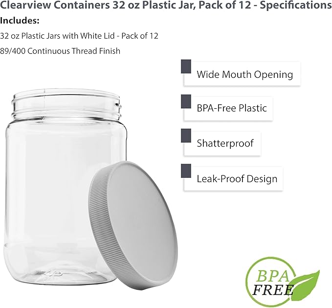 12 Pack of 32 Ounce Plastic Quart Jars with 89RM Leak Proof Seal Lid - Food Grade and BPA Free (32oz, 12pk)