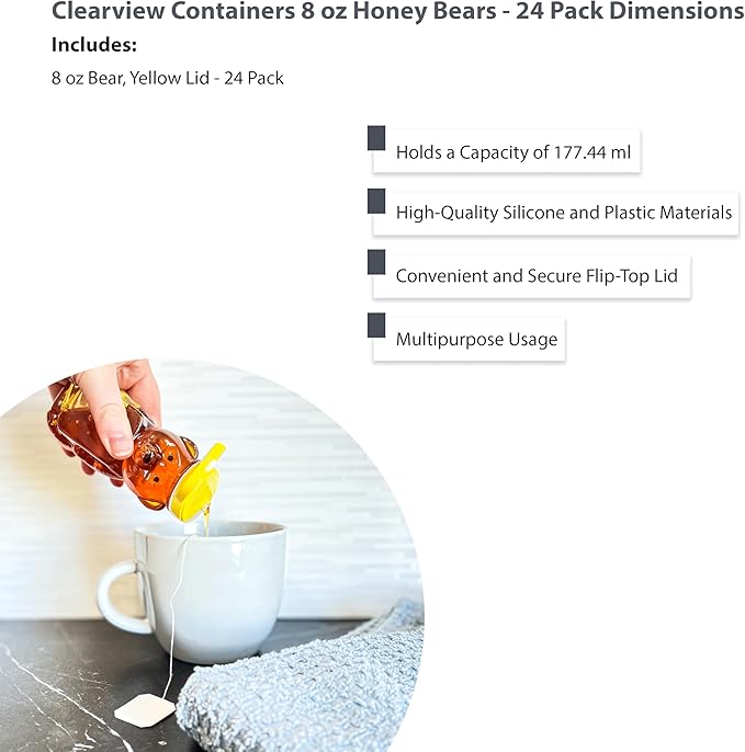 24 Pack of 8 Ounce Honey Bears with Sealable Yellow Flip Top Lids (8 oz. Bear, 24pk, Yellow)
