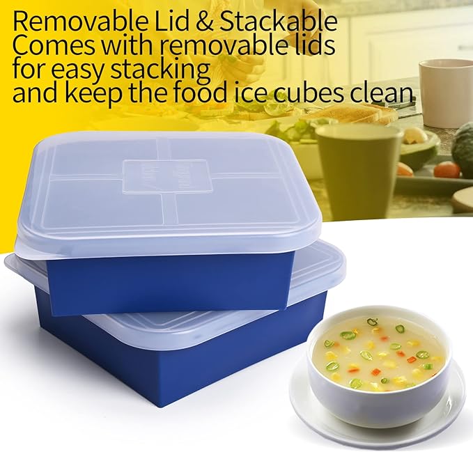 4 Cup Silicone Soup Freezer Molds 2 Pack Soup Cubes Freezer Trays with Lid Easy Release Ice Cube Tray For Food Freezing Container Store Soup, Sauce, Broth,Leftovers