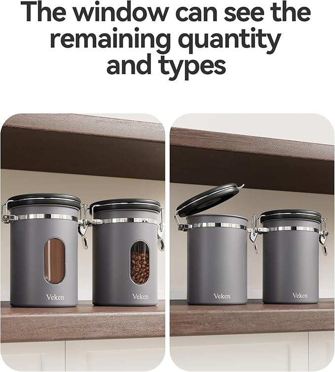 Veken Coffee Canister with Window,Gifts for Dad,Airtight Stainless Steel Kitchen Food Storage Container, Date Tracker & Scoop for Grounds Coffee, Beans, Tea, Flour, Cereal,Sugar,22OZ,Grey