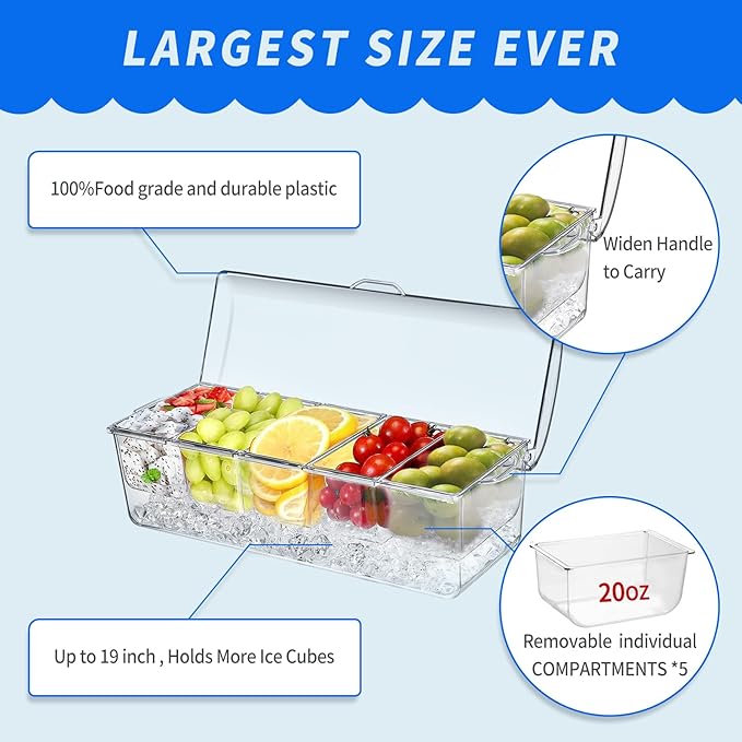 Large Ice Chilled Condiment Caddy,Chilled Condiment Containers Server with Lids for 5 Removable Compartments (2.5 cup),Serving Platters , Fruit & Garnish Tray for Party Supplies & Bar Accessories
