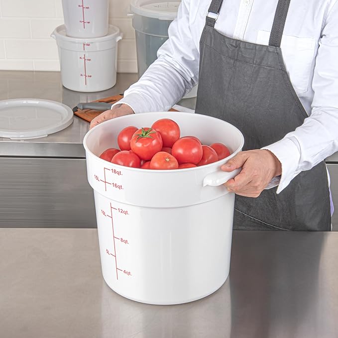 Restaurantware-Met Lux 18 Quart Food Storage Containers, 10 White Storage Containers - Lids Sold Separately, Red Volume Markers, Dishwashable Containers, Side Handles, For Storing Foods