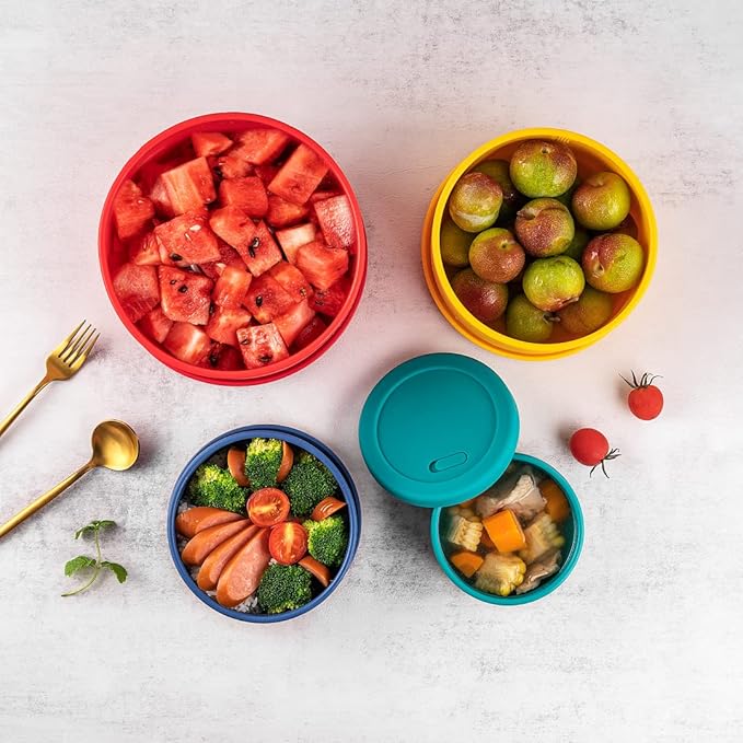 KSENDALO Silicone Containers with Lids Set of 4,Reusable Silicone Food Storage Containers from Large 2100mL to 400ml, Ideal for Meal Prep Containers, Lunch Box,Travel, Camping, Multicolors