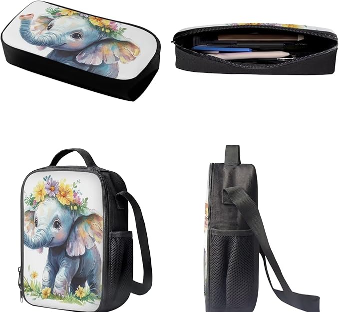 Dolyues Flower Elephant Girls' Backpack Set17-Inch Student Backpack Shoulder Lunch Bag & Glitter Pencil Case for Girls Ages 6-12