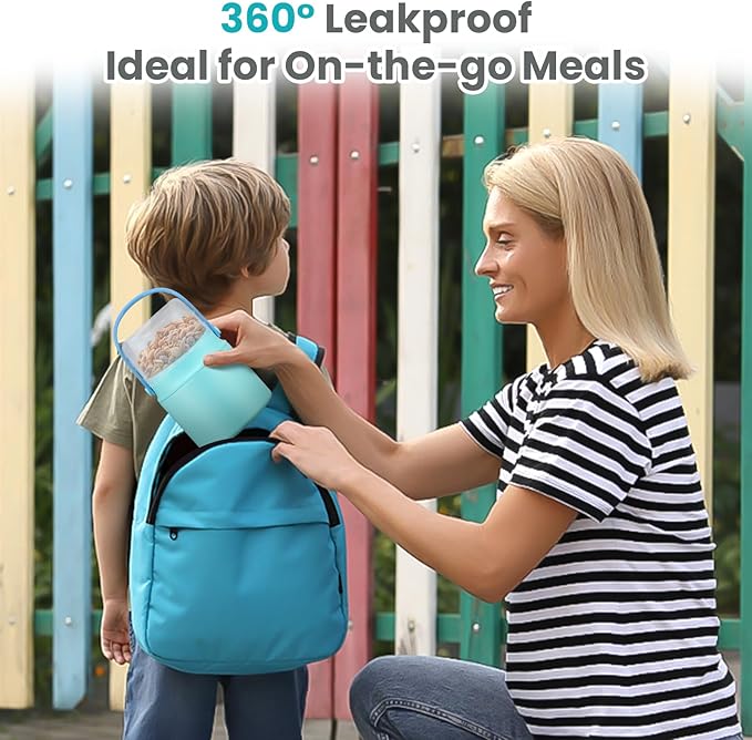 2-In-1 Soup Thermo for Hot Food Kids, 15 Oz Insulated Food Container and a Snack Box, Wide Mouth, Leak Proof, Stainless Steel Spoon, Dishwasher Safe Food Thermo Set for School, Work,Tiffany Blue