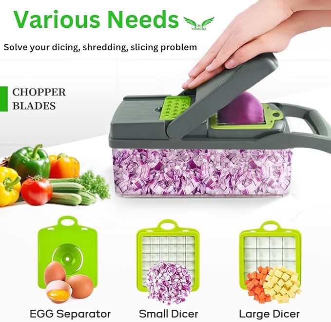 Vegetable Chopper, Pro Onion Chopper, Multifunctional 16 in 1 Food Chopper, Kitchen Vegetable Slicer Dicer Cutter, Veggie Chopper With interchangeable Blades, Food Chopper With Conteiner (Grey/Geen)