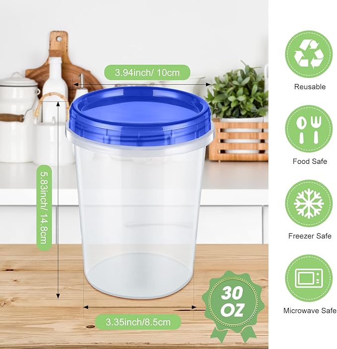 24 Pcs 32 oz Food Storage Freezer Container with Twist Top Lids Reusable Plastic Soup Food Containers with Screw on Lids Leakproof Round Containers for Juice Condiments Fruit Snacks Leftovers(Blue)