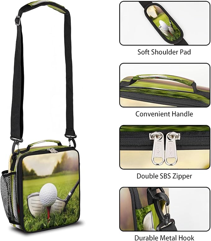 Golf Ball Kids Lunch Box Golf Grassland Mini Insulated Lunch Bag Tote for Girls Boys, Cooler Freezable Meal Prep Bag with Shoulder Strap Waterproof Lunch Container for School Office Picnic