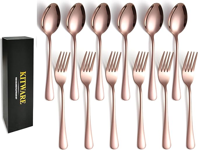 KITWARE 12 Pieces Rose Gold Forks and Spoons Silverware Set, Colored Stainless Steel Flatware Cutlery Set for Home, Kitchen Utensil Sets for Restaurant, Hotel, Travel, Outdoor, BBQ