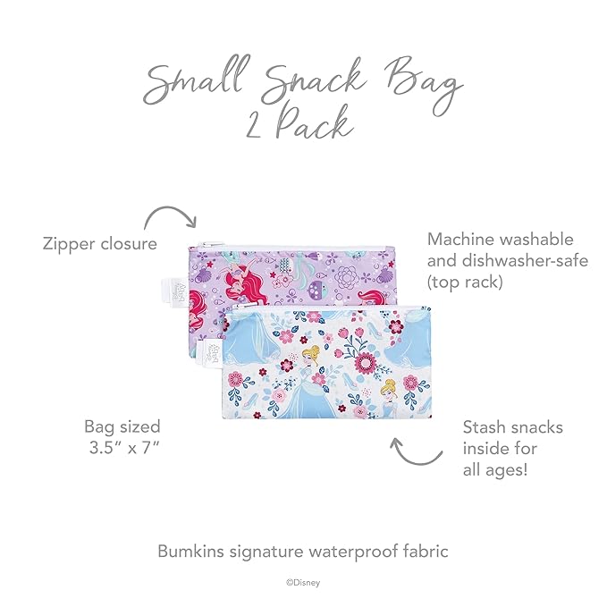 Bumkins Disney Reusable Snack Bags, for Kids School Lunch and for Adults Portion, Washable Fabric, Waterproof Cloth Zip Bag, Supplies Travel Pouch, Food-Safe, 2-pk Princess