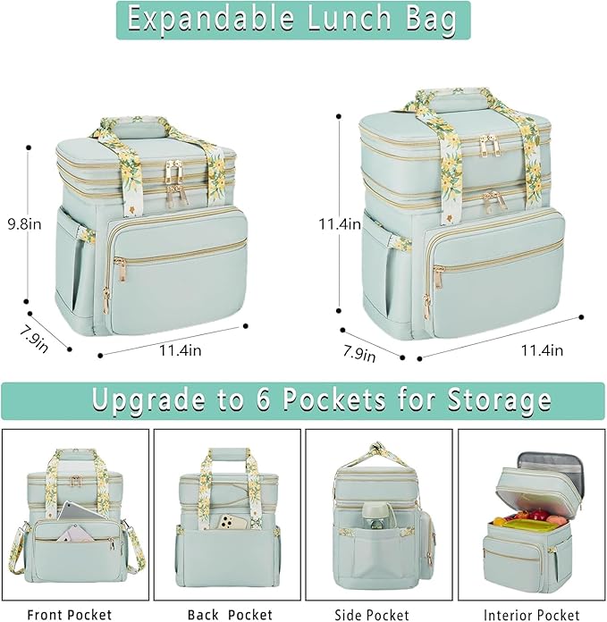 Double Deck Lunch Box for Women, Expandable Insulated Large Lunch Bag Women Leakproof Lightweight Lunch Cooler Bag Durable Lunchbox for Work Outdoor Travel, Green